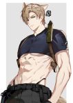  1boy abs anger_vein animal_ears belt black_belt black_shirt blonde_hair blue_eyes border cat_boy cat_ears cat_tail chibi chibi_inset closed_mouth cowboy_shot cropped_shirt curtained_hair grey_background hands_in_pockets highres holster jujeop leon_s._kennedy male_focus muscular muscular_male navel resident_evil resident_evil_4 resident_evil_4_(remake) shirt short_hair shoulder_holster simple_background solo t-shirt tail thong underwear white_border 