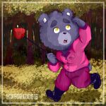  2023 anthro bear biped black_nose bottomwear clothing detailed_background hi_res humanoid_hands lukeko16 mammal outside pants peludito_(unicorn_wars) plant raining shirt solo topwear tree unicorn_wars walking weapon 