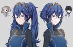  3girls alternate_hairstyle ameno_(a_meno0) black_hair black_sweater blue_hair blush blush_stickers brown_hair chibi closed_mouth cynthia_(fire_emblem) fire_emblem fire_emblem_awakening grey_background hair_between_eyes kjelle_(fire_emblem) long_hair long_sleeves looking_at_viewer lucina_(fire_emblem) multiple_girls ribbed_sweater short_hair simple_background smile sweater tiara turtleneck turtleneck_sweater twintails 