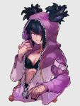  1girl bikini black_bikini black_hair black_nails breasts cleavage closed_mouth collarbone commentary double_bun fingernails grey_background hair_bun hair_over_one_eye han_juri hood kemachiku long_sleeves looking_at_viewer medium_breasts midriff multicolored_hair nail_polish official_alternate_costume pink_hair simple_background solo street_fighter street_fighter_6 swimsuit symbol-only_commentary two-tone_hair zipper 