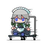  apron blue_dress blue_eyes bow character_doll closed_mouth commentary dress fumo_(doll) green_bow grey_hair hair_bow izayoi_sakuya jitome kasuya_baian l_cart maid_apron maid_headdress motion_lines no_humans simple_background sitting touhou waist_apron white_apron white_background 