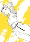  1girl arm_up armpits belt closed_mouth earrings greyscale_with_colored_background gyaru highres jewelry midriff navel pants round_eyewear shirt short_hair solo spot_color sunglasses yancha_gal_no_anjou-san yellow_eyes yellow_lips yuuichi_katou 