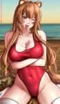  1girl alternate_costume animal_ear_fluff animal_ears arms_under_breasts baileymcpatty bare_shoulders beach blurry blurry_background blush breast_tattoo breasts brown_hair check_commentary chest_tattoo cleavage collarbone commentary_request covered_navel crossed_arms dated english_commentary hair_tubes highleg highleg_swimsuit highres large_breasts long_hair looking_at_viewer mixed-language_commentary navel one-piece_swimsuit one_eye_closed open_mouth outdoors patreon_logo patreon_username raccoon_ears raccoon_girl raccoon_tail raphtalia red_eyes red_one-piece_swimsuit sidelocks signature sitting sky slave_tattoo solo swimsuit tail tate_no_yuusha_no_nariagari tattoo thighhighs tongue tongue_out wariza white_thighhighs 