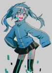  1girl ahoge artist_name black_skirt black_thighhighs blue_eyes blue_hair blue_jacket blush ene_(kagerou_project) grey_background hair_between_eyes hand_on_own_hip headphones highres jacket kagerou_project long_hair long_sleeves looking_to_the_side menma_(enaic31) miniskirt open_mouth puffy_long_sleeves puffy_sleeves simple_background skirt smile solo standing teeth thighhighs tongue track_jacket twintails zipper 