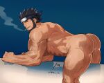 1boy abs absurdres all_fours alternate_body_hair arm_hair ass ass_hair back bara beard black_hair cheekbones chest_hair cigarette commission completely_nude facial_hair feet_out_of_frame forearms forehead_protector from_side hair_slicked_back hairy highres konohagakure_symbol leg_hair loboke looking_at_viewer male_focus mature_male muscular muscular_male naruto_(series) naruto_shippuuden navel navel_hair nude pectorals presenting sarutobi_asuma second-party_source seductive_smile short_hair signature smile smirk smoke_trail smoking solo stomach strongman_waist thick_eyebrows thick_thighs thighs triceps 