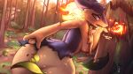  anthro big_butt breasts butt convenient_censorship female fire forest generation_2_pokemon genitals hi_res kawfee nintendo nude plant pokemon pokemon_(species) pussy solo tree typhlosion 