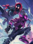  2boys \m/ bodysuit bodysuit_under_clothes claw_(weapon) day_dream dreadlocks dual_persona highres jacket marvel mask miles_morales multiple_boys prowler_(marvel) purple_jacket shoes shorts silk sneakers spider-man:_across_the_spider-verse spider-man:_into_the_spider-verse spider-man_(miles_morales) spider-man_(series) spider-verse spider_web spoilers twitter_username weapon 