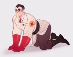  1boy all_fours bara commentary draw_your_babygirl_(meme) full_body glasses gloves long_sleeves looking_at_viewer male_focus medic_(tf2) meme military military_uniform muscular muscular_male necktie pants pectorals red_gloves sho_guru short_hair sideburns solo symbol-only_commentary team_fortress_2 thick_thighs thighs uniform white_background 