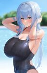  1girl bare_arms bare_shoulders black_one-piece_swimsuit blue_hair breasts cleavage closed_mouth collarbone covered_navel day futon_fly_away green_eyes hands_up highres large_breasts long_hair mole mole_under_eye one-piece_swimsuit original outdoors pool smile solo swimsuit upper_body water wet 