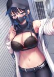 1girl bare_shoulders black_bra blue_archive blue_eyes blue_hair bra breasts cleavage clothes_lift covered_mouth hat highres large_breasts lifted_by_self long_hair long_sleeves looking_at_viewer mask melopun mouth_mask navel off_shoulder open_clothes pants saori_(blue_archive) shirt_lift stomach underwear 