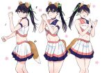  1girl absurdres alternate_costume animal_ears black_eyes black_hair cheerleader choker clapping closed_eyes commentary_request crop_top dancing eighth_note flying_sweatdrops fox_ears fox_tail green_ribbon hair_ribbon highres houshou_(kancolle) kantai_collection looking_at_viewer magai_akashi midriff multicolored_clothes multiple_views musical_note pleated_skirt purple_choker ribbon shirt skirt sleeveless sleeveless_shirt smile tail white_background 
