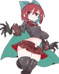  1girl adapted_costume black_gloves black_shirt black_thighhighs blue_bow bow breasts cape gloves hair_bow highres looking_to_the_side massakasama midriff navel parted_lips red_cape red_eyes red_hair red_skirt sekibanki shirt short_hair simple_background skirt solo thighhighs touhou white_background 