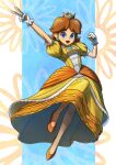  1girl blue_eyes brown_hair crown dress earrings flipped_hair flower_brooch flower_earrings frilled_dress frilled_gloves frills gloves high_heels ini4illust jewelry mario_(series) medium_hair orange_dress orange_footwear parted_bangs princess princess_daisy puffy_short_sleeves puffy_sleeves short_sleeves solo super_smash_bros. v yellow_dress 