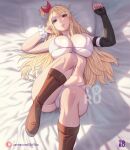  1girl arttoru bare_shoulders bed_sheet bikini black_gloves blonde_hair boots breasts brown_eyes brown_footwear cameltoe commentary elbow_gloves fairy_tail fingerless_gloves foot_out_of_frame gloves hair_ribbon highres large_breasts long_hair looking_at_viewer lucy_heartfilia lying on_back red_ribbon ribbon shadow single_glove smile solo stomach swimsuit thighs very_long_hair white_bikini wrist_cuffs 
