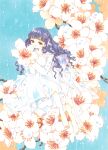  1990s_(style) 1girl absurdres barefoot blunt_bangs cardcaptor_sakura clamp_(circle) closed_mouth daidouji_tomoyo dress flower happy highres long_hair long_sleeves non-web_source official_art purple_hair retro_artstyle smile source_request wavy_hair white_dress 