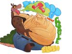  abdominal_bulge activision after_vore anthro bandicoot belly_overhang belt black_clothing black_topwear black_vest blue_text bottomwear brown_body brown_scales burp_cloud burping burping_up_clothing canid canine canis clawed_feet clothing crash_bandicoot crash_bandicoot_(series) crocodile crocodilian crocodylid denim denim_clothing dingo dingodile duo footwear green_text hand_on_stomach holding_belly hybrid imprint jeans male male/male mammal marsupial onomatopoeia oral_vore orange_text pants pants_only red_clothing red_footwear red_shoes reptile scales scalie sharkvore sharp_teeth shoes simple_background sitting sound_effects teeth text tongue tongue_out topwear vest vore white_background yellow_sclera yellow_text 
