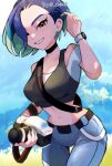  1girl bare_shoulders black_choker blue_hair bob_cut breasts brown_eyes camera cbpea1 choker crop_top green_hair highres holding holding_camera large_breasts looking_at_viewer loose_hair_strand multicolored_hair navel off-shoulder_shirt off_shoulder perrin_(pokemon) pokemon pokemon_(game) pokemon_sv shirt short_hair short_sleeves smile solo 