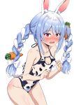  1girl absurdres animal_ear_fluff animal_ears animal_print back_cutout bare_shoulders blue_hair blush braid breasts carrot carrot_hair_ornament cleavage_cutout clothing_cutout cow_print food-themed_hair_ornament fuyumi_kazuki hair_ornament halterneck highleg highleg_swimsuit highres hololive leaning_forward long_hair looking_at_viewer multicolored_hair nose_blush one-piece_swimsuit open_mouth orange_eyes rabbit-shaped_pupils rabbit_ears rabbit_girl rabbit_tail short_eyebrows simple_background small_breasts solo sweat swimsuit symbol-shaped_pupils tail thick_eyebrows twin_braids two-tone_hair usada_pekora very_long_hair virtual_youtuber wavy_mouth white_background white_hair 