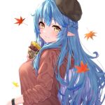  1girl autumn_leaves baked_potato blue_hair bracelet crumbs eating falling_leaves food food_on_face hat holding holding_food hololive hood hood_down hoodie jewelry leaf long_hair long_sleeves looking_at_viewer looking_back pensuke pointy_ears simple_background solo sweet_potato virtual_youtuber white_background yellow_eyes yukihana_lamy 