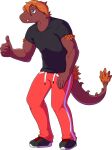  5_fingers adam_(gvh) alpha_channel anthro bottomwear clothing dinosaur dromaeosaurid feathers fingers footwear gesture goodbye_volcano_high hair hi_res lidded_eyes long_tail male orange_body orange_feathers orange_hair pants plantigrade purple_eyes red_body reptile scalie shirt shoes simple_background sneakers snoot_game solo standing tail tail_feathers teeth theropod thumbs_up topwear track_pants transparent_background unknown_artist 