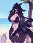  2023 anthro battle_rifle beach big_breasts bikini black_body black_hair breasts chabett clothing collar dragon eyewear female glasses gun hair hi_res hk_g3 horn huge_breasts looking_at_viewer ranged_weapon red_eyes rifle seaside solo swimwear thick_thighs weapon white_body woozie 