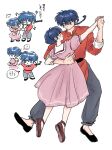  angry annoyed black_footwear blue_hair blush braid braided_ponytail chibi couple dress highres one_eye_closed pink_dress ranma_1/2 sailor_collar saotome_ranma semo_ppp short_hair simple_background tendou_akane translation_request variations white_background white_sailor_collar 