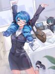  2girls ;d ahoge arms_up black_bow black_footwear black_jacket black_skirt blue_hair bow brown_bag drill_hair english_text glasses green_eyes gwen_(league_of_legends) hair_bow highres holding holding_paper indoors jacket kureko0w0 league_of_legends long_hair multiple_girls office office_lady one_eye_closed open_mouth paper pencil_skirt semi-rimless_eyewear skirt smile socks twin_drills twintails vex_(league_of_legends) yordle 