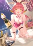  1girl all_fours animal_ears artist_name aru_(blue_archive) balloon bare_shoulders blue_archive blush bottle box breasts champagne_bottle champagne_flute cleavage cup curtains detached_collar drinking_glass fake_animal_ears fireworks fishnet_thighhighs fishnets gift gift_box halo highres holding holding_bottle horns indoors leotard long_hair looking_at_viewer neck_ribbon no_shoes on_bed open_mouth pink_hair pink_leotard playboy_bunny rabbit_ears ribbon small_breasts smile solo sweatdrop thighhighs tray wrist_cuffs yellow_eyes zzo_(chorizzzzo) 