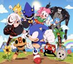  2boys 3girls 4others amy_rose bendedede bird black_dress black_eyes black_sclera blue_fur blue_sky classic_amy_rose cloud colored_sclera dr._eggman dress flicky_(character) flower flying furry furry_female furry_male giganto_(sonic_frontiers) glasses gloves grass hedgehog hedgehog_ears highres koco_(sonic) metal_sonic multiple_boys multiple_girls multiple_others open_mouth orange_skirt palm_tree pink_fur pleated_skirt rainbow red_eyes red_footwear red_shirt robot running sage_(sonic) shirt shoes skirt sky smile sneakers socks sonic_(series) sonic_cd sonic_frontiers sonic_superstars sonic_the_hedgehog sonic_the_hedgehog_(classic) sonic_the_hedgehog_1 sun sunflower super_sonic tree trip_(sonic) v white_gloves white_hair white_socks 