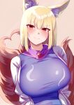  1girl animal_ears blonde_hair blush breasts brown_background closed_mouth commentary fox_ears fox_girl fox_tail heart heart_tail highres kitsune large_breasts looking_at_viewer mirufui multiple_tails red_eyes short_hair simple_background solo sweatdrop tabard tail touhou upper_body yakumo_ran 
