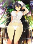  1girl ahoge armband ass_visible_through_thighs bare_shoulders black_hair blush bow bow_panties breasts bridal_lingerie city city_lights cityscape closed_mouth english_commentary flower frilled_armband frills groin hair_between_eyes hair_flower hair_ornament highres hyouki_(senran_kagura) lens_flare light_particles lingerie long_hair looking_at_viewer night night_sky official_art palm_leaf palm_tree panties railing rose see-through senran_kagura senran_kagura_new_wave shiny_skin sky slit_pupils solo sparkle star_(sky) starry_sky tree underwear very_long_hair water_drop wet white_flower white_panties white_rose window yaegashi_nan yellow_eyes 