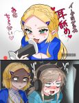  1boy 1girl 3dio aroused asmr bags_under_eyes binaural_microphone blonde_hair blue_tunic blush drooling glaring hair_ornament hairclip headphones highres licking licking_ear link long_hair meme_attire microphone monitor mouth_drool open-chest_sweater open_mouth pointy_ears princess_zelda screen_light shaded_face sweat sweater the_legend_of_zelda the_legend_of_zelda:_breath_of_the_wild the_legend_of_zelda:_tears_of_the_kingdom timestamp tongue tongue_out translation_request wasabi_(legemd) 