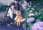  1boy 1girl 40hara animal_ears artist_self-insert backpack bag black_eyes black_hair blunt_bangs cat_ears cat_girl cat_tail collar flower green_eyes highres holding holding_umbrella hydrangea kinako_(40hara) light_brown_hair long_hair original outdoors rain red_collar short_hair tail umbrella yellow_raincoat 