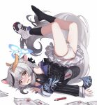  1girl animal_ear_fluff animal_ears banana_peel black_dress black_hair black_jacket black_socks blue_archive blush bow bow_panties cleavage_cutout clothing_cutout colored_pencil dress fallen_down gradient_hair grey_hair halo highres jacket kokona_(blue_archive) long_hair multicolored_hair nose_blush off_shoulder open_clothes open_jacket open_mouth panties paper pencil pinstripe_dress pinstripe_jacket pinstripe_pattern polka_dot polka_dot_panties ripnte shoes single_shoe sleeveless sleeveless_dress sneakers socks solo streaked_hair striped tearing_up thighs top-down_bottom-up twisted_torso two-tone_hair underwear very_long_hair wavy_mouth white_footwear 
