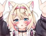  1girl animal_ear_fluff animal_ears blonde_hair blue_eyes blush cropped_shirt dog_ears dog_girl fur-trimmed_jacket fur_trim hair_ornament headphones headphones_around_neck highres hololive hololive_english jacket looking_at_viewer medium_hair mococo_abyssgard mr_lobster multicolored_hair open_mouth pink_hair shirt solo streaked_hair teeth upper_teeth_only virtual_youtuber white_shirt x_hair_ornament 