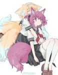  2girls alternate_costume animal_ear_fluff animal_ears arknights artist_name black_sailor_collar black_skirt blonde_hair braid brown_footwear chinese_commentary closed_eyes commentary_request fox_ears fox_girl fox_tail hug hug_from_behind kitsune kneeling knees_up kyuubi looking_up matching_outfit multicolored_hair multiple_girls multiple_tails pantyhose parted_lips pleated_skirt purple_eyes purple_hair red_(girllove) red_ribbon ribbon sailor_collar school_uniform serafuku shamare_(arknights) shirt shoes short_hair short_sleeves sitting skirt suzuran_(arknights) tail twin_braids twintails two-tone_hair white_background white_hair white_pantyhose white_shirt 