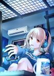  15kasikaze15 1girl absurdres air_conditioner blonde_hair commentary_request controller cup curtains fingernails game_controller headphones highres holding holding_controller holding_game_controller honda_sora keyboard_(computer) knees_up lonely_girl_ni_sakaraenai long_sleeves medium_hair mug open_mouth orange_eyes sitting solo teeth 