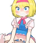  1boy 1girl alice_margatroid bar_censor blonde_hair blue_dress blue_eyes blush bow bowtie breasts censored clenched_teeth clothed_sex commentary cookie_(touhou) cowboy_shot cum cum_in_pussy cum_overflow dress ejaculation frilled_dress frilled_sash frills hairband hetero hospital_king ichigo_(cookie) medium_bangs open_mouth penis pink_bow pink_bowtie pink_hairband pink_sash pov pussy sash sex short_hair simple_background small_breasts solo_focus teeth textless_version touhou vaginal white_background 