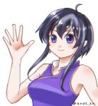  1girl ahoge andt_kn artist_name bare_arms bare_shoulders black_hair closed_mouth earrings fire_emblem fire_emblem:_genealogy_of_the_holy_war hair_between_eyes jewelry larcei_(fire_emblem) looking_at_viewer purple_eyes shirt short_hair sidelocks sleeveless sleeveless_shirt smile solo tunic twitter_username waving white_background 