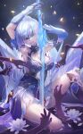  1girl absurdres armpits arms_up between_breasts black_blindfold blindfold breasts closed_mouth crystal_sword detached_sleeves falling_petals flower highres honkai:_star_rail honkai_(series) jingliu_(honkai:_star_rail) large_breasts night night_sky petals ponytail sitting sky sword thighs turbulence weapon white_hair 