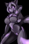  2022 anthro big_breasts black_latex breasts canid canine chaoscroc clothing corruption covered_mouth drone dronesuit eyelashes female fox glowing glowing_eyes hand_behind_head hi_res latex latex_clothing looking_at_viewer mammal markings purple_eyes purple_glow purple_markings rubber rubber_clothing rubber_suit skinsuit solo standing tight_clothing victory_vixen 