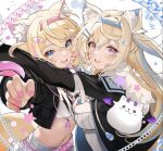  2girls animal_ear_fluff animal_ears belt black_jacket blonde_hair blue_belt blue_eyes blue_hair breasts cleavage_cutout clothing_cutout cropped_jacket cropped_shirt dog_ears dog_girl dog_tail dress flat_chest fur-trimmed_jacket fur_trim fuwawa_abyssgard hair_ornament hairpin hololive hololive_english jacket large_breasts looking_at_viewer medium_hair midriff mococo_abyssgard multiple_girls nail_polish navel open_mouth perroccino_(fuwamoco) pink_belt pink_eyes pink_hair pink_nails shirt short_shorts shorts siblings sibyl sisters smile tail twins virtual_youtuber white_dress white_shirt white_shorts x_hair_ornament 
