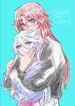  2girls ahoge aqua_background blue_eyes commentary_request dated gundam gundam_suisei_no_majo hair_between_eyes hair_down hand_on_another&#039;s_face height_difference hug hug_from_behind long_sleeves looking_at_viewer miorine_rembran multiple_girls pink_eyes red_hair suletta_mercury thick_eyebrows twitter_username white_hair yuri yuri_kyanon 