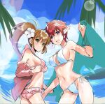  2girls ass blue_eyes breasts brown_hair chisato_madison closed_mouth earrings flower hair_flower hair_ornament jewelry long_hair looking_at_viewer multiple_girls navel open_mouth pointy_ears precis_neumann red_hair short_hair smile star_ocean star_ocean_the_second_story swimsuit ycco_(estrella) 