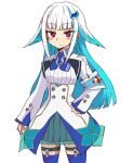  1girl armband blue_hair blue_skirt blue_thighhighs closed_mouth commentary_request hair_flaps hair_ornament hand_on_own_hip highres jacket lize_helesta lize_helesta_(1st_costume) long_hair long_sleeves looking_at_viewer multicolored_hair nijisanji pleated_skirt red_eyes safety_pin shirt simple_background skirt sleeves_past_wrists smile solo suzurino thighhighs two-tone_hair very_long_hair virtual_youtuber white_background white_hair white_jacket white_shirt 