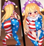  1girl alternate_breast_size american_flag_dress american_flag_legwear ass blonde_hair blush breasts clownpiece commentary_request daichi_(tokoya) dress feet_out_of_frame full_body hat highres indoors jester_cap large_breasts long_hair looking_at_viewer multiple_views neck_ruff no_shoes open_mouth pantyhose pee peeing peeing_self polka_dot_headwear purple_headwear short_sleeves star_(symbol) star_print striped striped_dress striped_pantyhose tearing_up touhou very_long_hair wooden_floor 