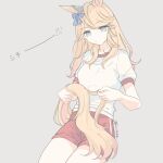  1girl animal_ears blonde_hair blue_eyes breasts closed_mouth ear_bow gold_city_(umamusume) grey_background gym_uniform holding_own_tail horse_ears horse_girl horse_tail inutose long_hair looking_down red_shorts shirt short_shorts short_sleeves shorts sitting small_breasts solo tail twitter_username umamusume white_shirt 