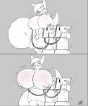  5_fingers air_pump anthro bat big_breasts blush bottomwear breast_expansion breasts canid canine canis clothing english_text expansion eyebrows female fingers fur grey_background hair hi_res huge_breasts hybrid mammal nipple_outline nipples shirt simple_background skirt solo standing tail text topwear wolf zixxxous 