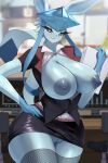  2023 anthro anthrofied areola big_breasts blue_areola blue_body blue_nipples blurred_background breasts clothing digital_media_(artwork) eeveelution female fingers generation_4_pokemon genitals glaceon hi_res inside legwear looking_at_viewer nintendo nipples pokemon pokemon_(species) pussy sana!rpg solo tail 