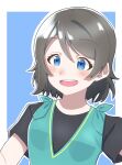  blue_eyes blush bow brown_hair genjitsu_no_yohane green_shirt highres love_live! love_live!_sunshine!! open_mouth shanma_aq shirt short_hair simple_background smile solo watanabe_you wavy_hair 